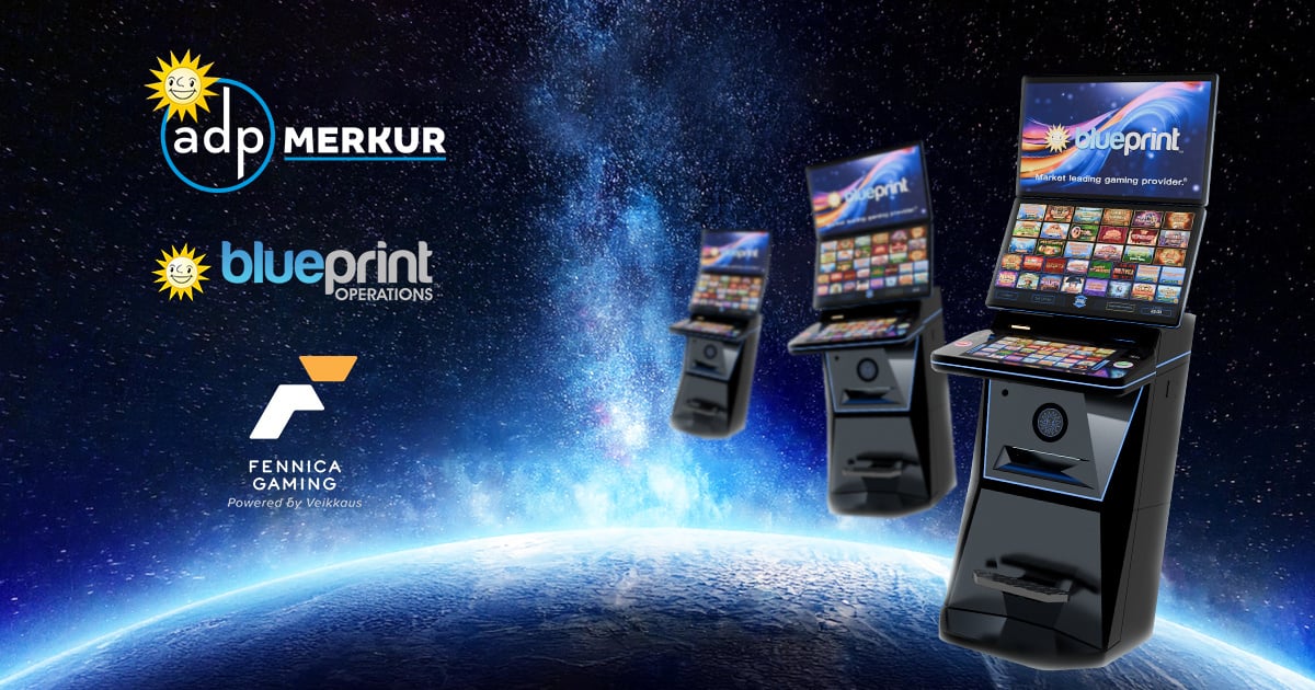 Fennica Gaming cabinet designs floating in space with Merkur, Blueprint and Fennica company logos